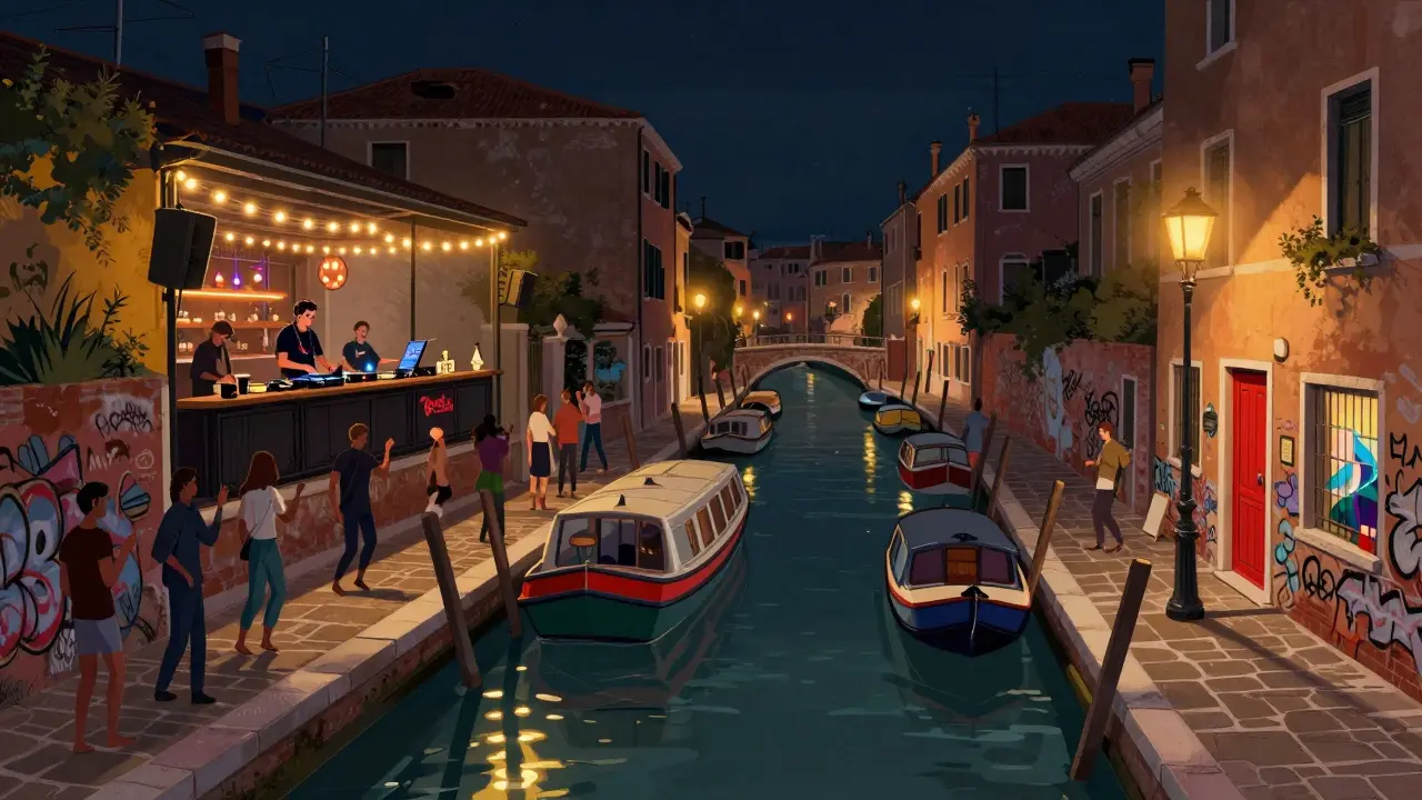 Nighttime scene of Navigli canal with rooftop bar, string lights, and people dancing beside illuminated water.