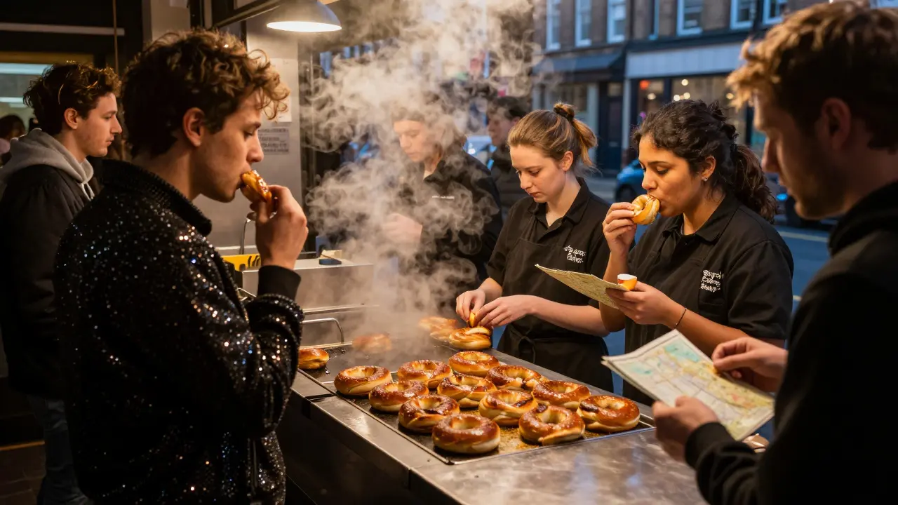 People eating bagels at 3 a.m. in Brick Lane diner, steam rising, soft morning light through window.