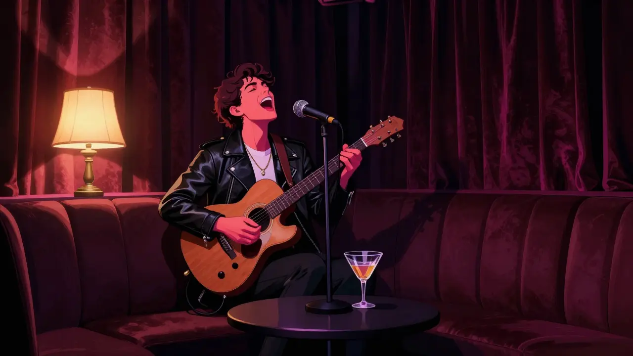 Person singing passionately in a private karaoke room with velvet curtains and neon lighting.