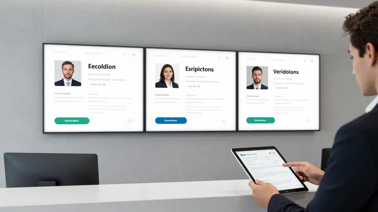 Professional companionship agency office with verified client booking interface