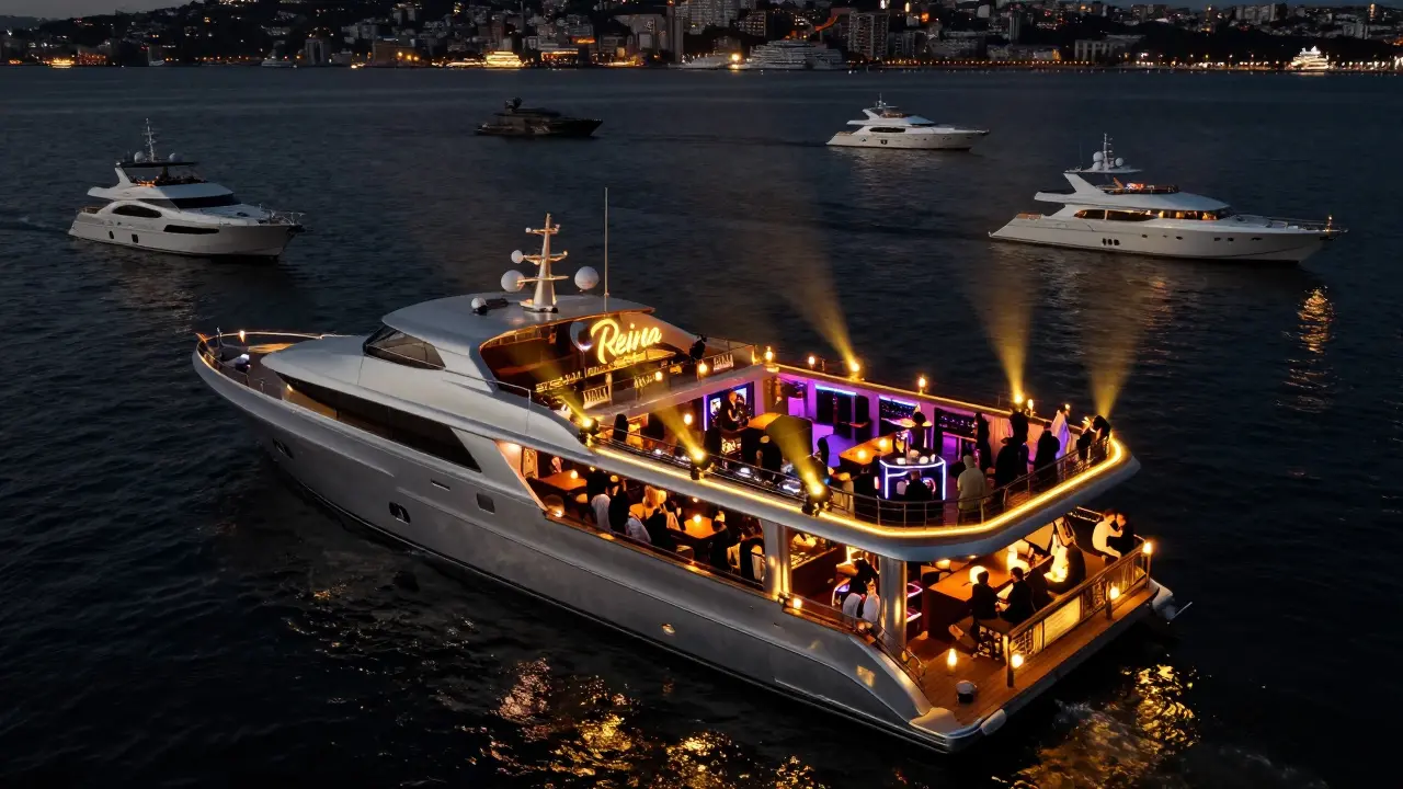 Reina nightclub on the Bosphorus with yachts glowing in the dark water under golden lights.