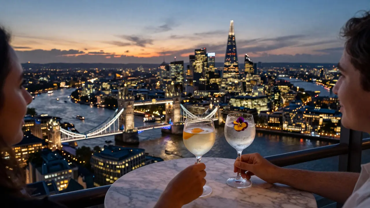 Rooftop cocktail view over London’s skyline at dusk with Tower Bridge and city lights glowing below.