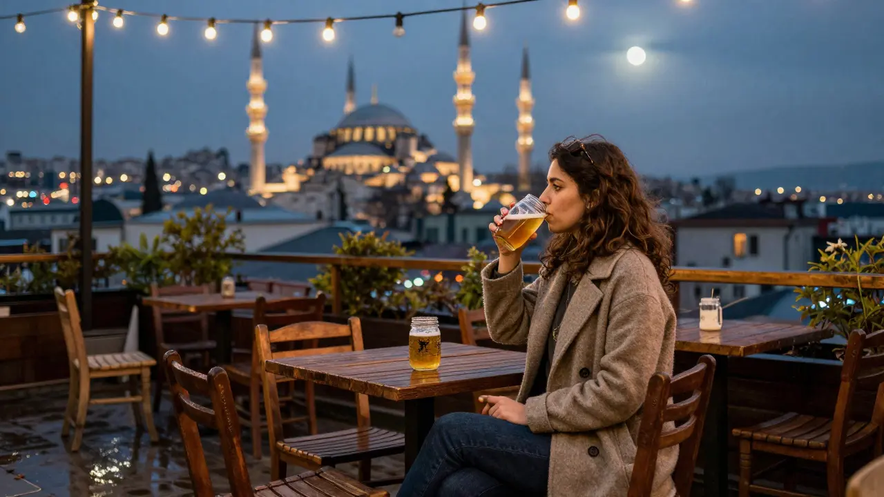 Rooftop garden in Cihangir with string lights, a woman drinking craft beer, and city lights in the distance.