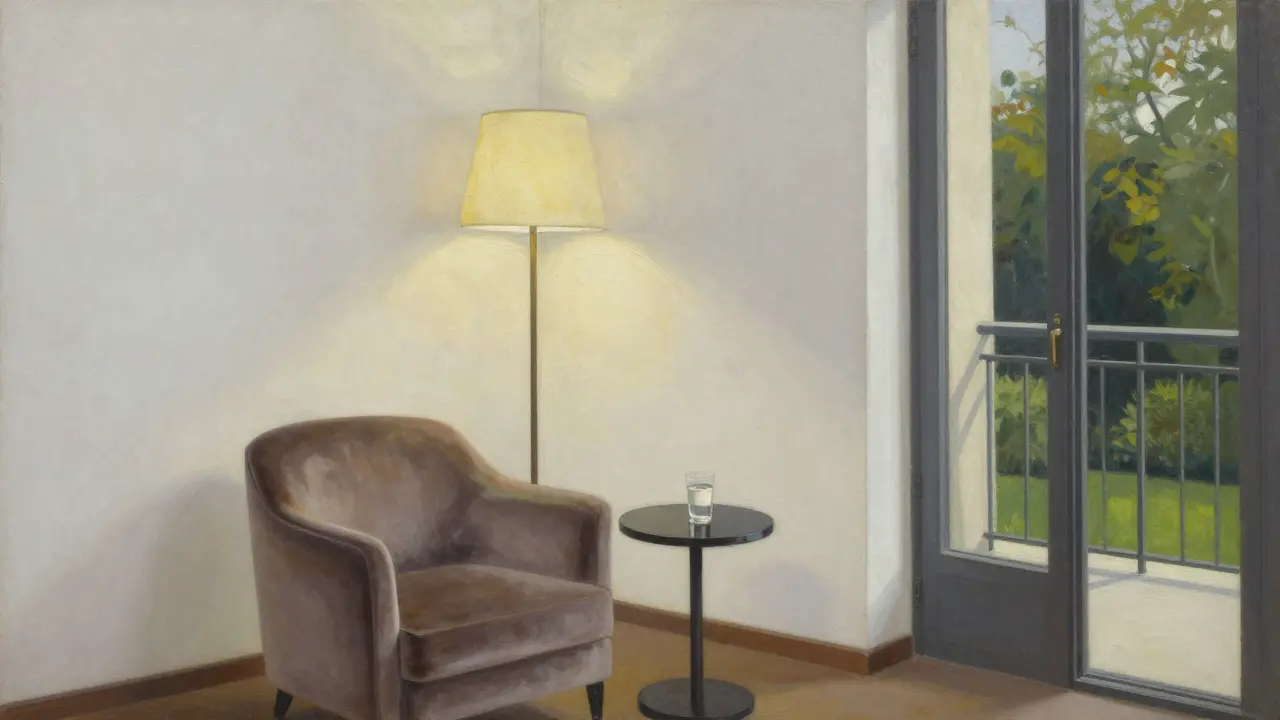 Serene upscale hotel suite with untouched glass of water and velvet armchair.