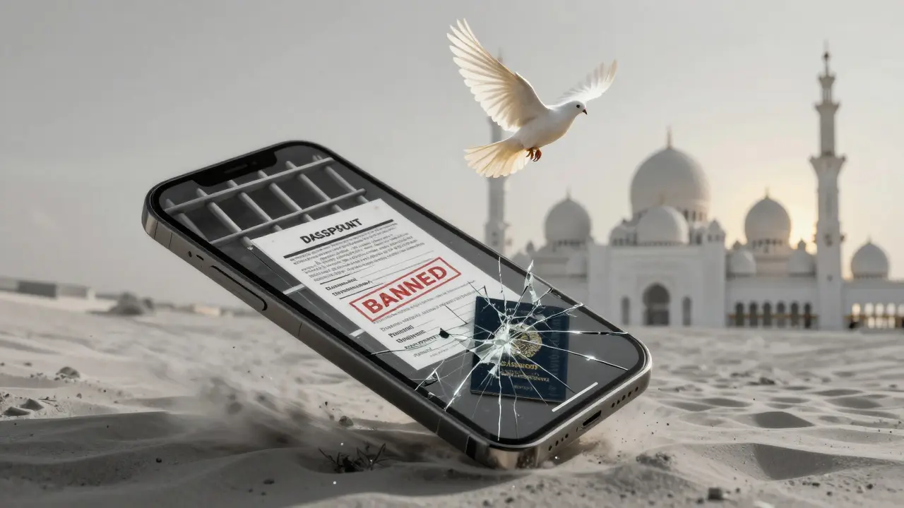 Shattered phone above desert with dove flying toward mosque symbolizing consequence and hope
