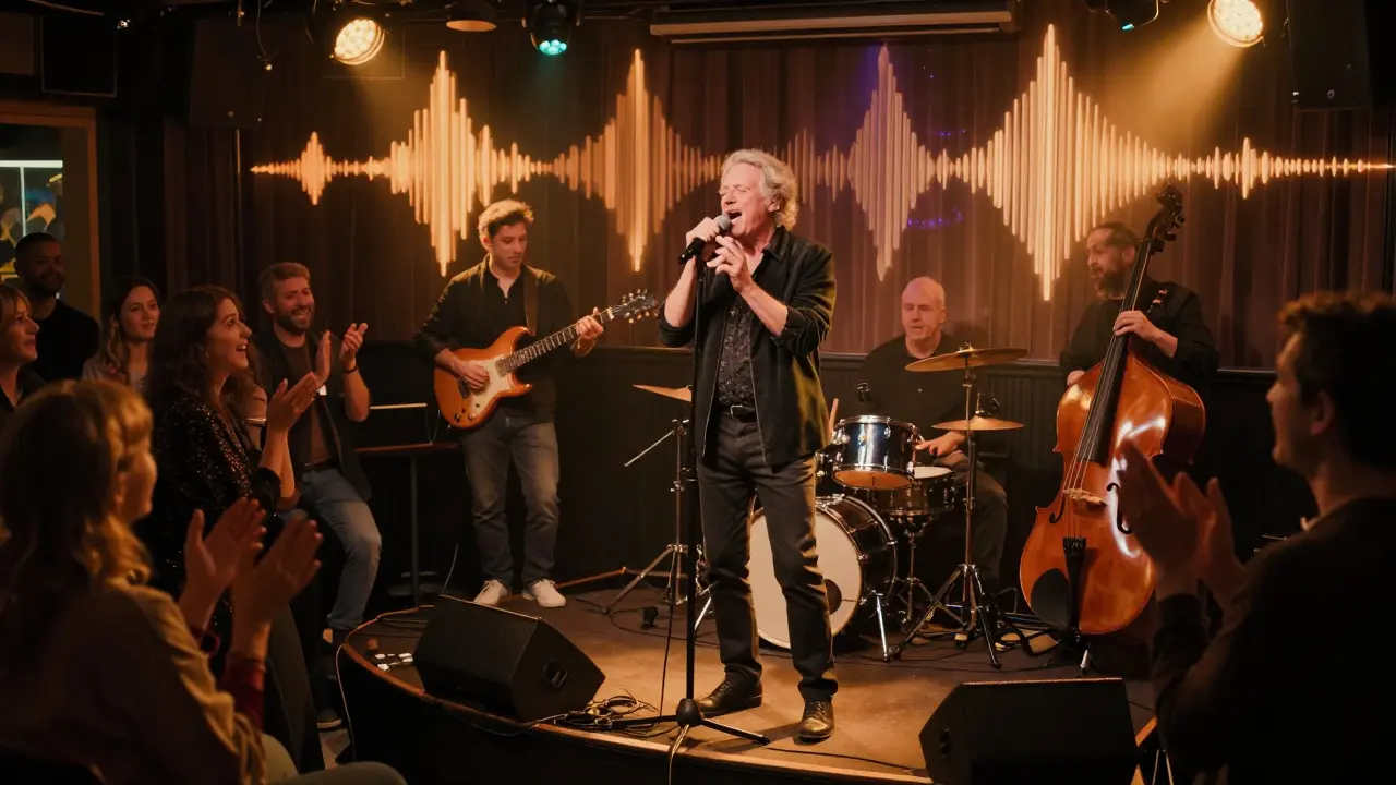 Singer performing live with a band at a karaoke venue, audience clapping in warm amber light.