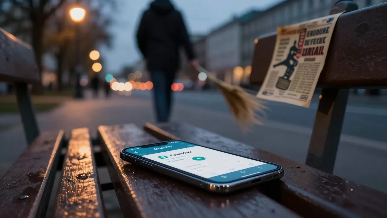 Smartphone displaying digital payment confirmation beside a fading printed escort flyer in a Berlin park.