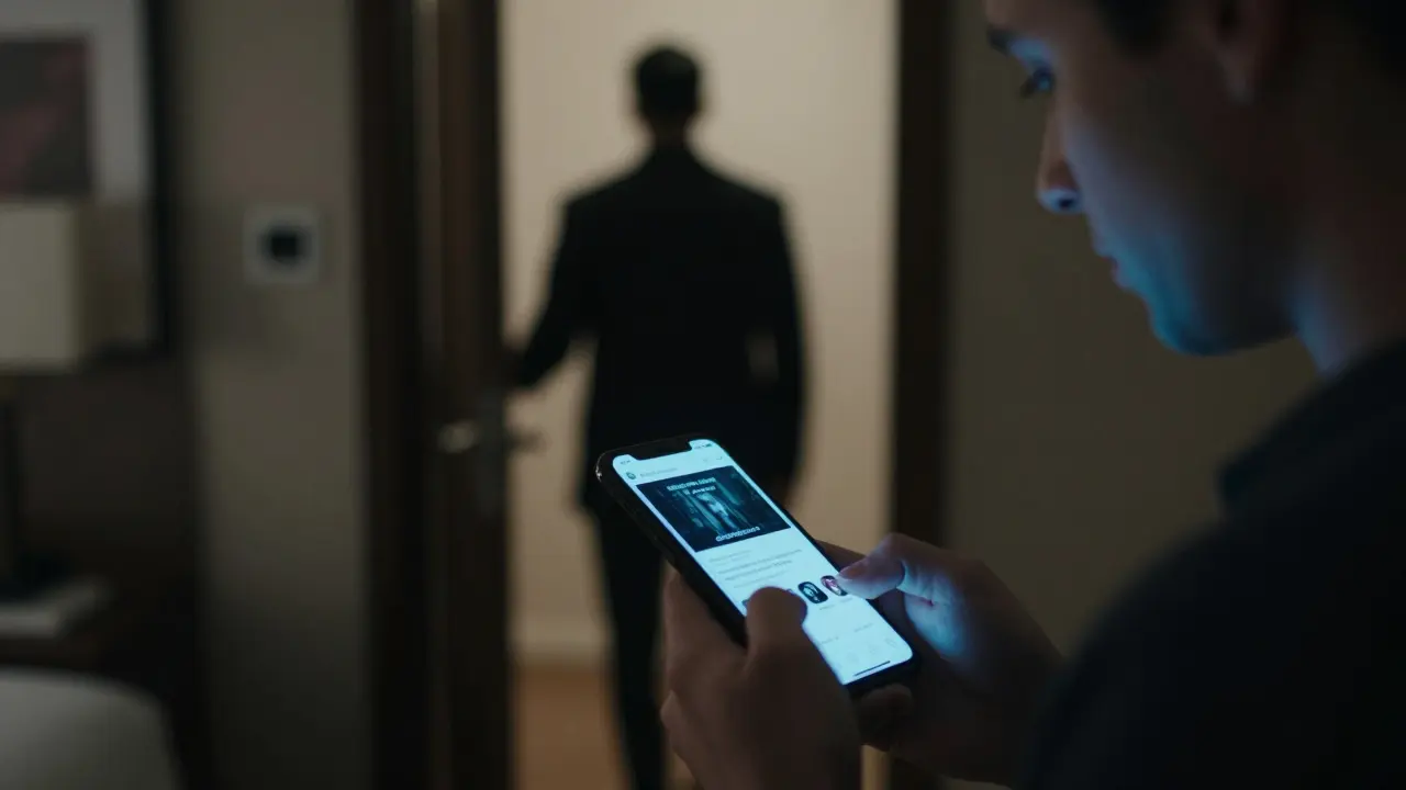 Someone viewing a suspicious escort ad on a phone in a hotel room, with a shadowy figure nearby.