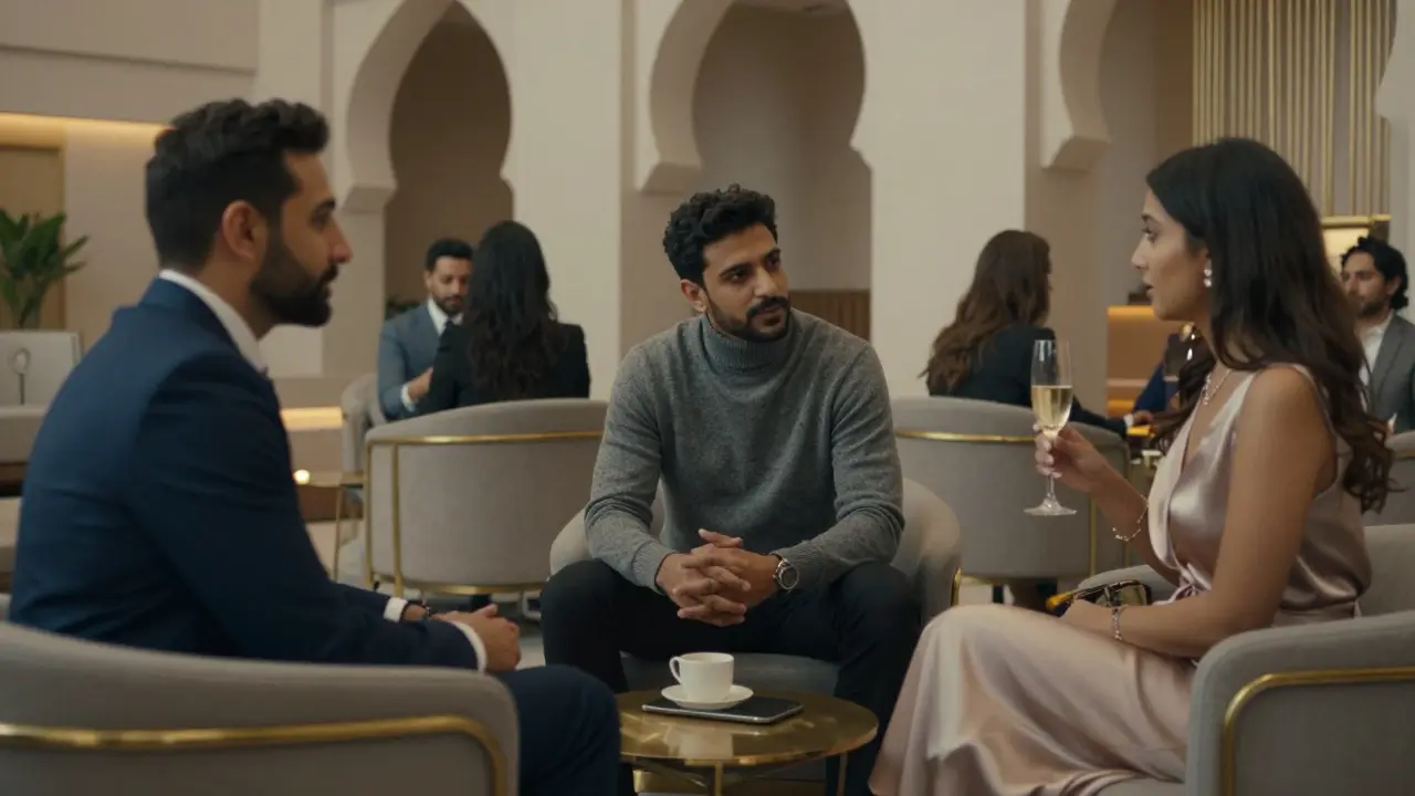 Sophisticated individuals mingle in a discreet Dubai lounge, conversing with ease under warm, ambient lighting.
