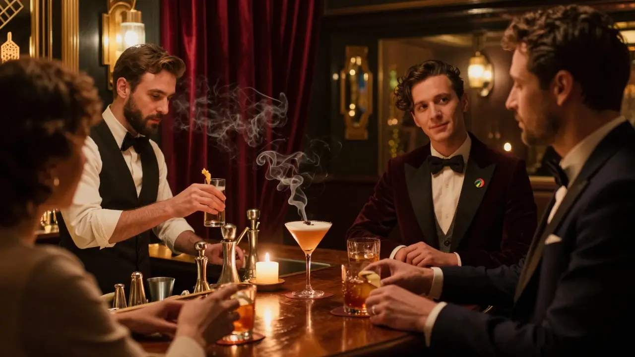 Sophisticated speakeasy bar with candlelight, cocktails, and quiet queer patrons.