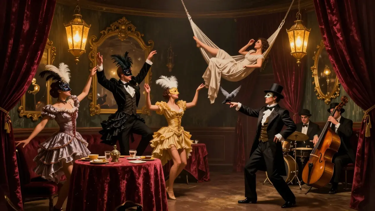 Surreal cabaret scene at The Box Soho with performers, magician, and swing singer in golden light.