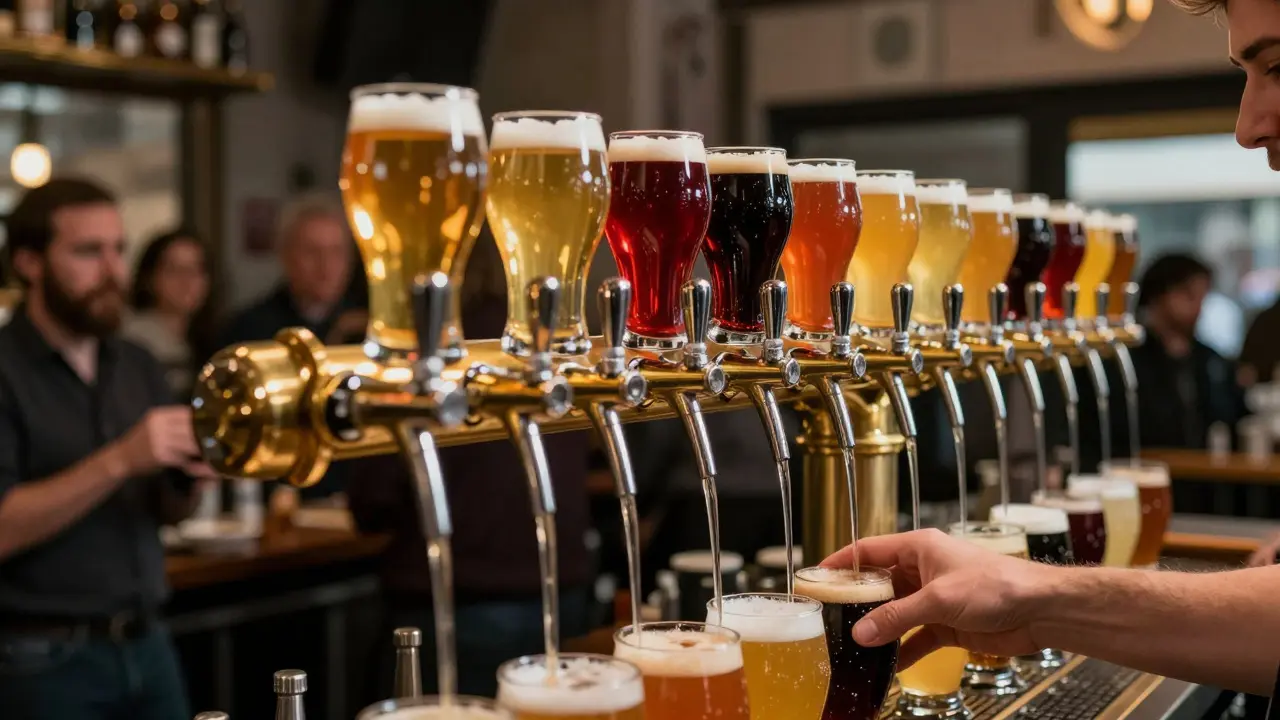 The Blind Pig pub during a tap takeover, 16 different craft beers pouring in vibrant streams behind the bar.