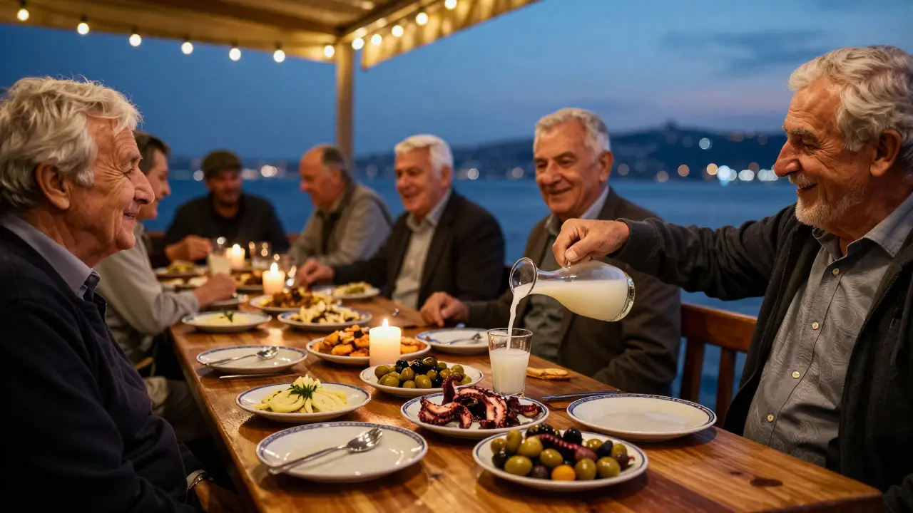 Traditional Turkish meze table with raki being mixed, candlelight, and warm evening ambiance.