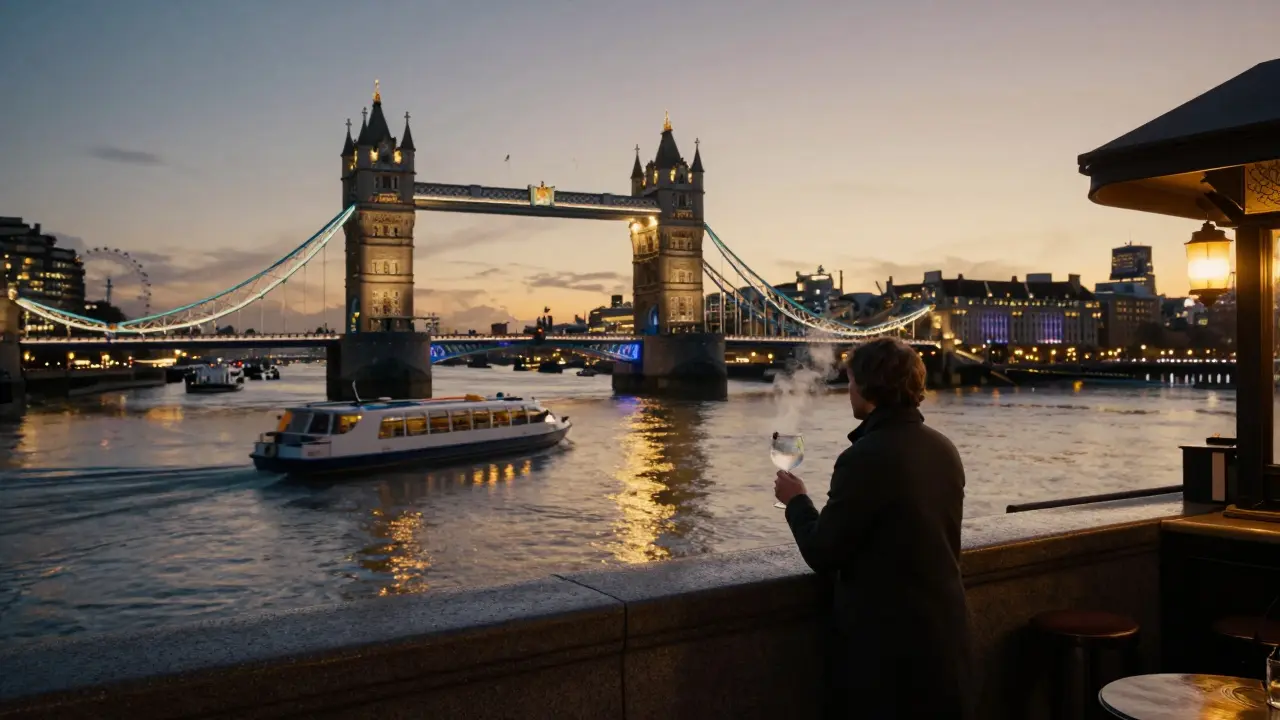 Tranquil Thames riverside at night with city lights reflected on water and a lone figure on a terrace.