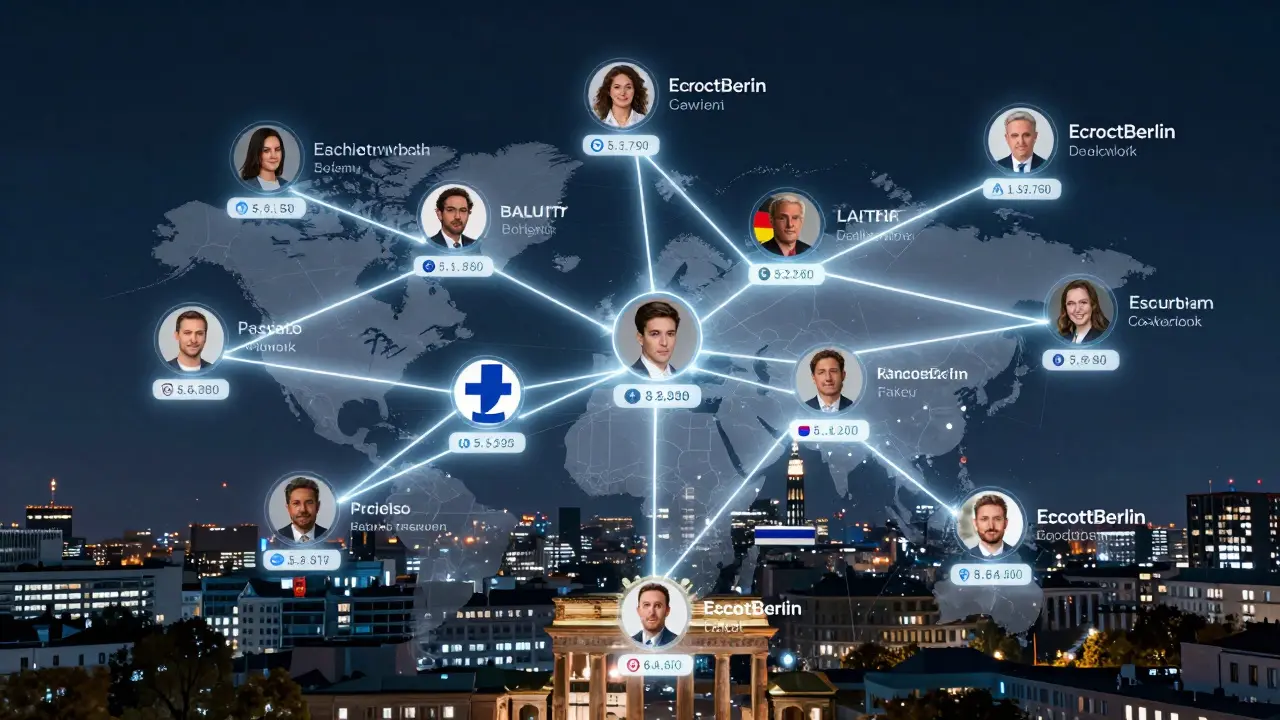 Transparent map of Berlin showing verified escort profiles with language and safety icons.