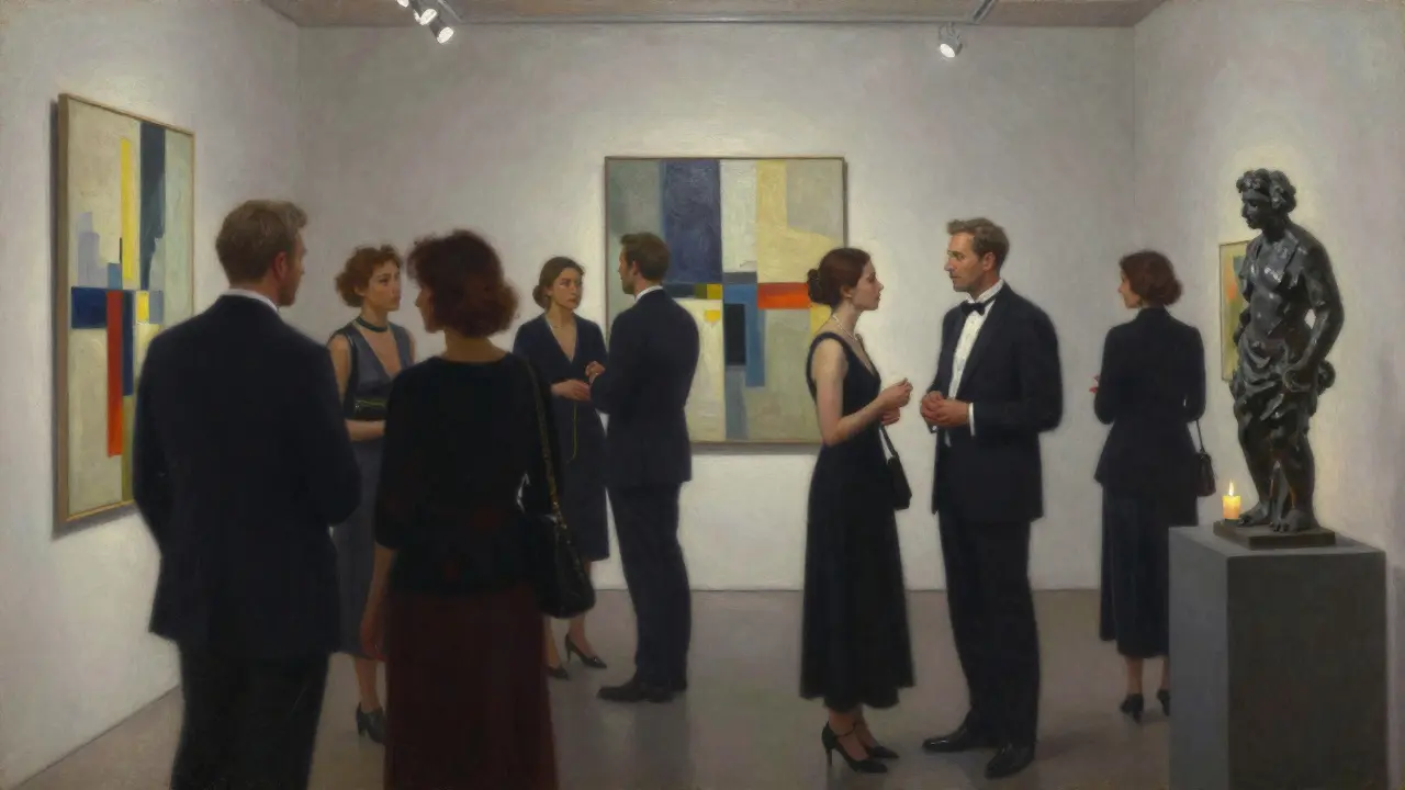 Two elegantly dressed individuals engaged in quiet conversation at a private art gallery opening.