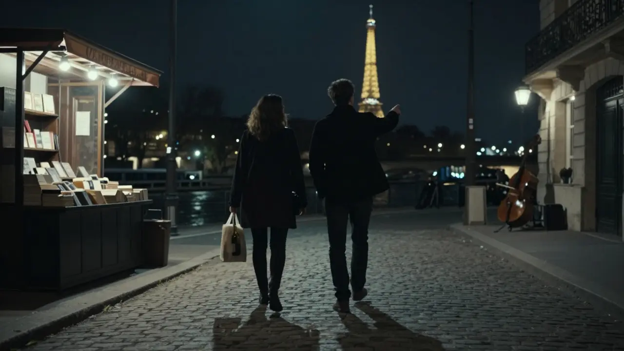 Two figures walking along the Seine at night, Eiffel Tower glowing in the distance.