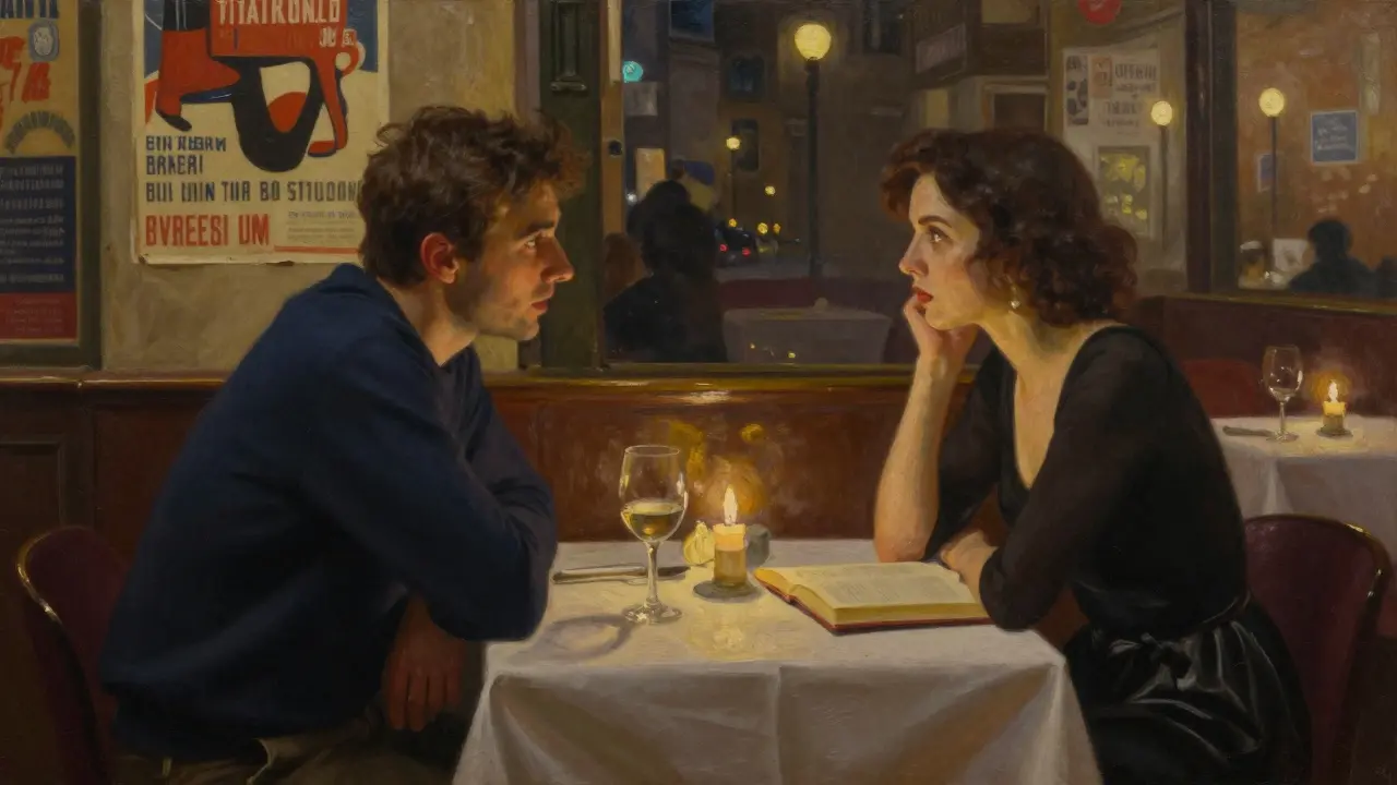 Two people converse softly in a Brera restaurant, candlelight illuminating their thoughtful expressions over wine and an open book.
