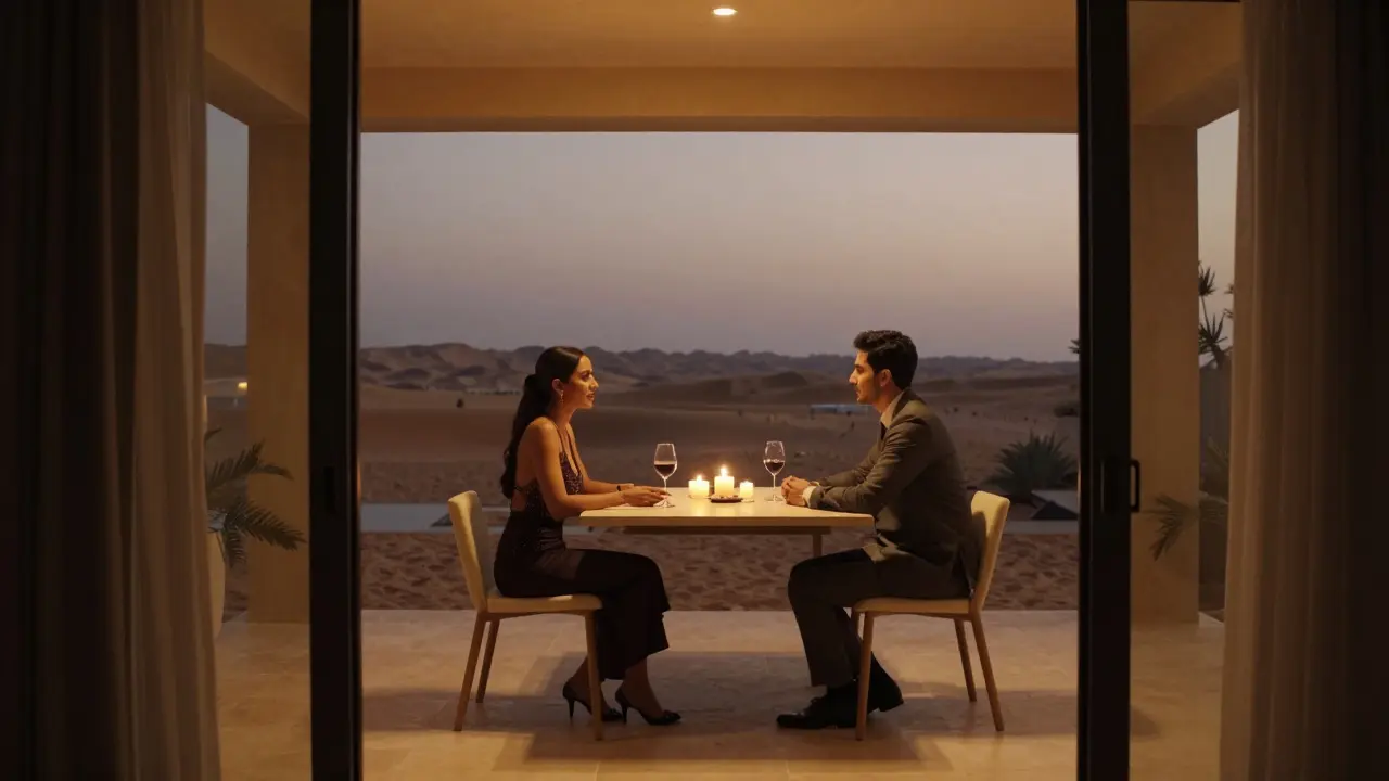 Two people in a private villa dining quietly at night, engaged in thoughtful conversation.