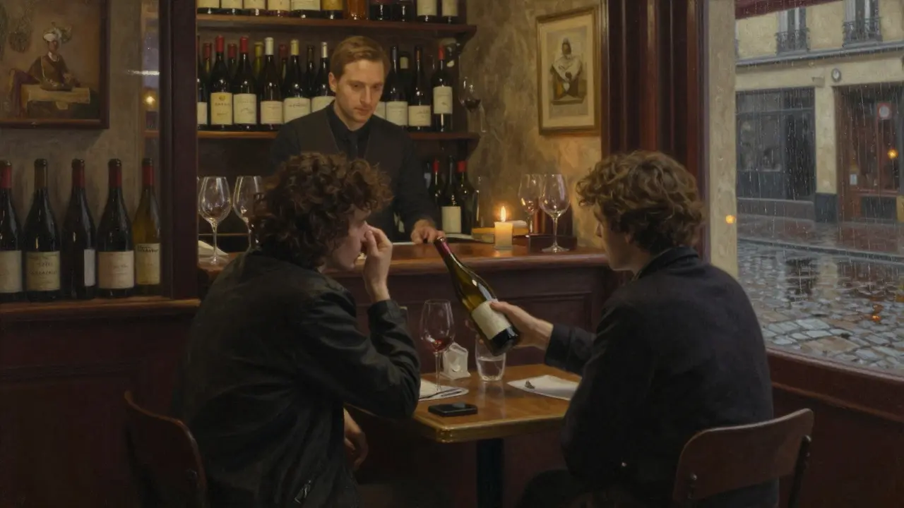 Two people share wine in a cozy Parisian bar, candlelight glowing on wooden shelves and rain outside.
