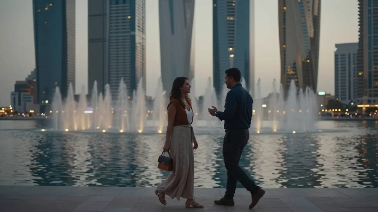 Two people walking peacefully along Abu Dhabi Marina at twilight, calm and respectful.