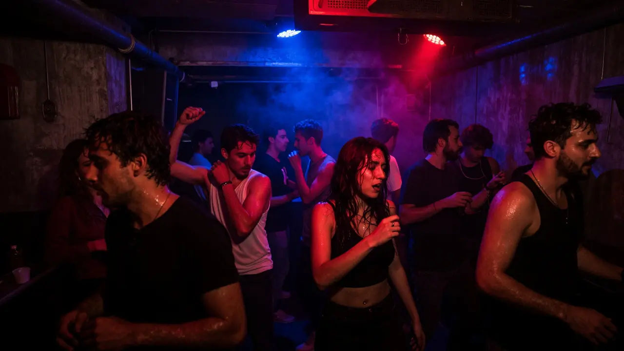 Underground club with dancers under strobing lights, raw energy, no signs, industrial setting.