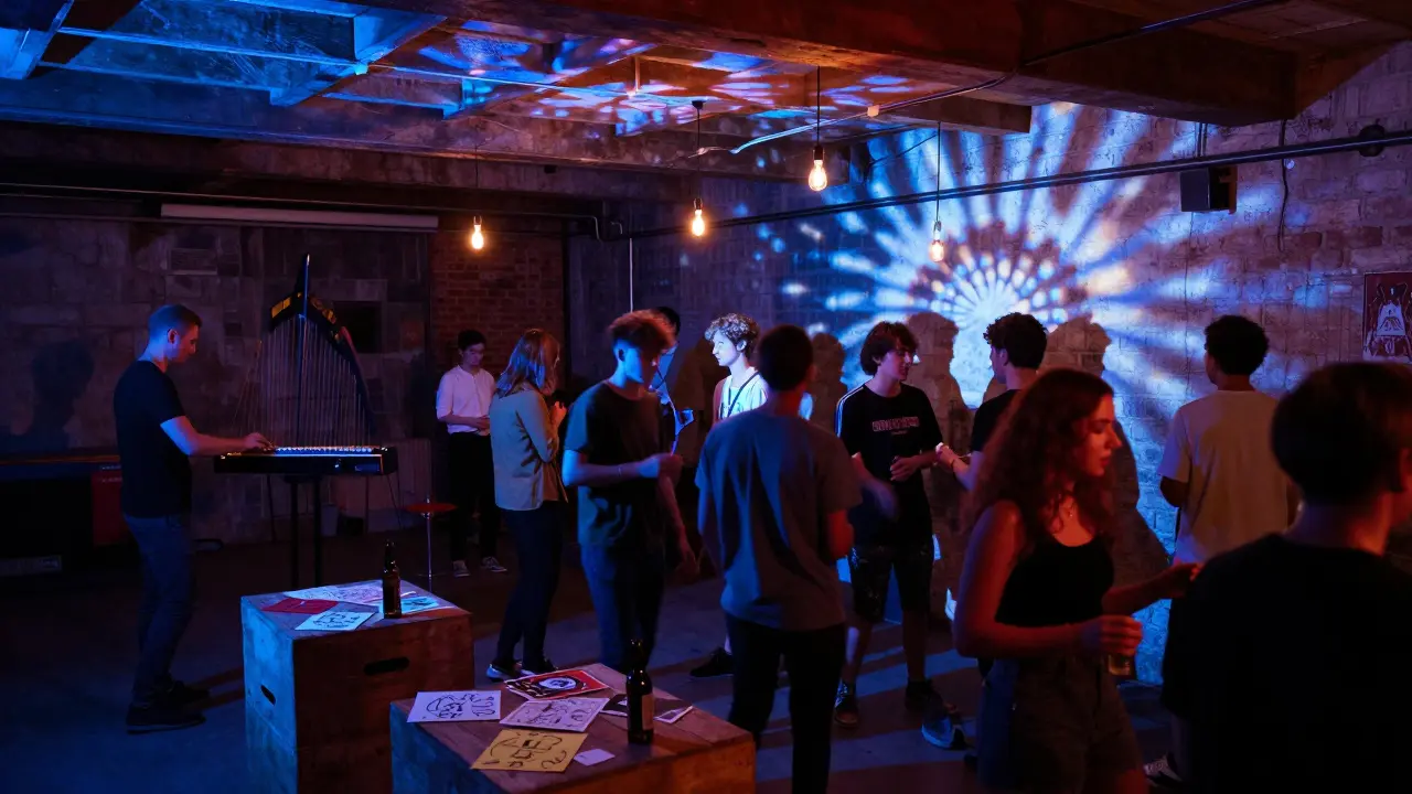 Underground warehouse party in Milan with industrial vibe, abstract lights, and crowd lost in music.