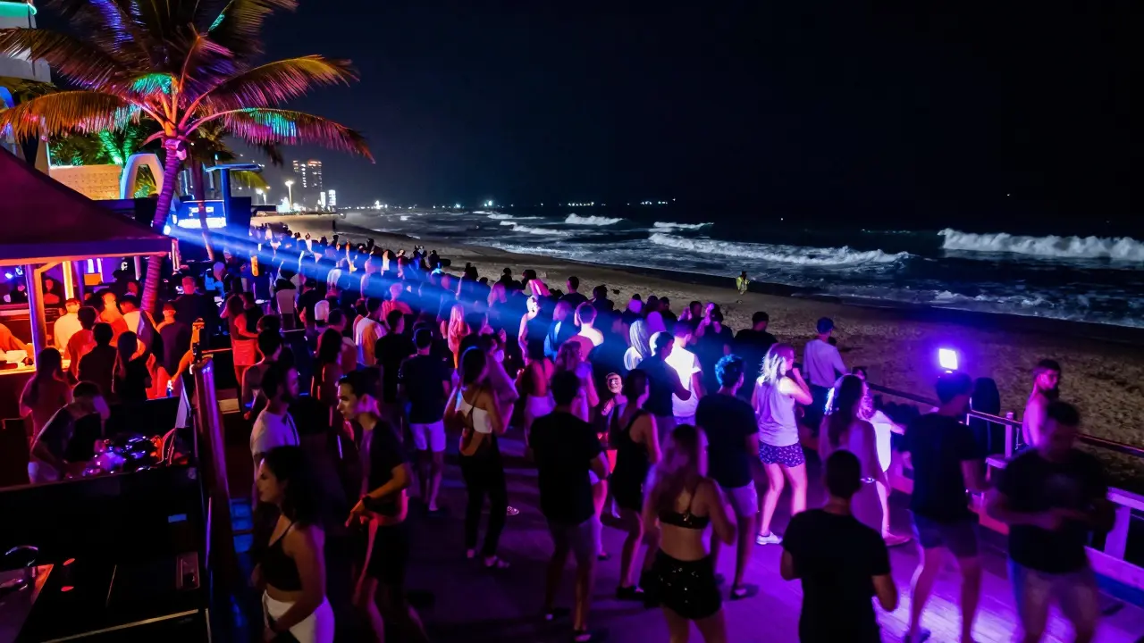 Vibrant beachfront club with neon lights and dancing crowd under pulsing strobes and ocean waves.