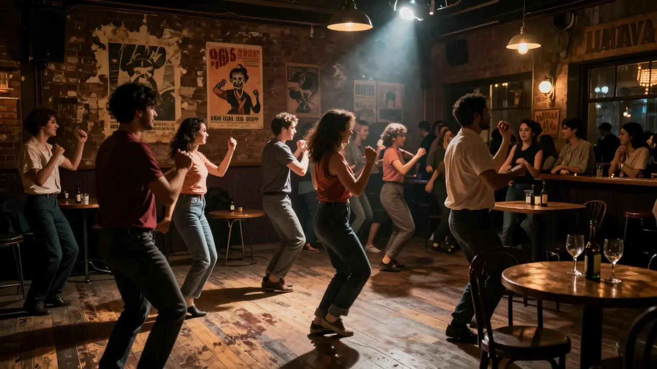Vibrant dance hall with people dancing on worn wooden floor at night.