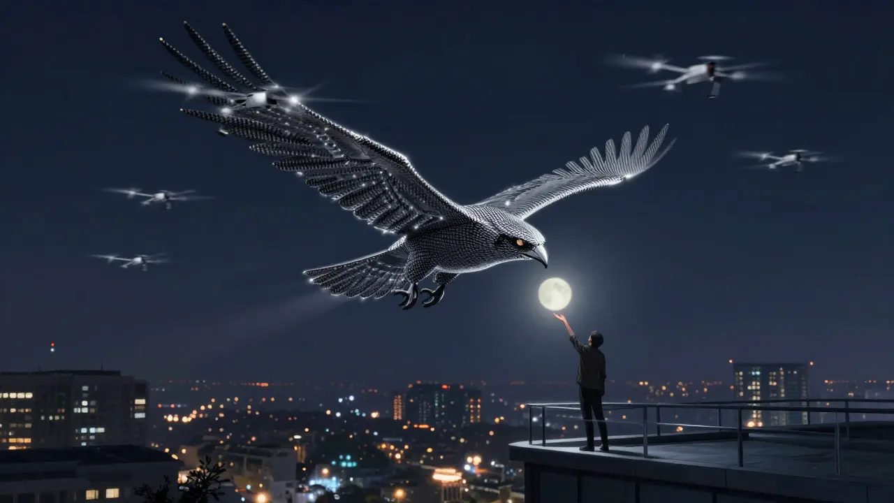 500 drones form a falcon in the night sky above a rooftop as a person reaches up to touch one hovering above their hand.