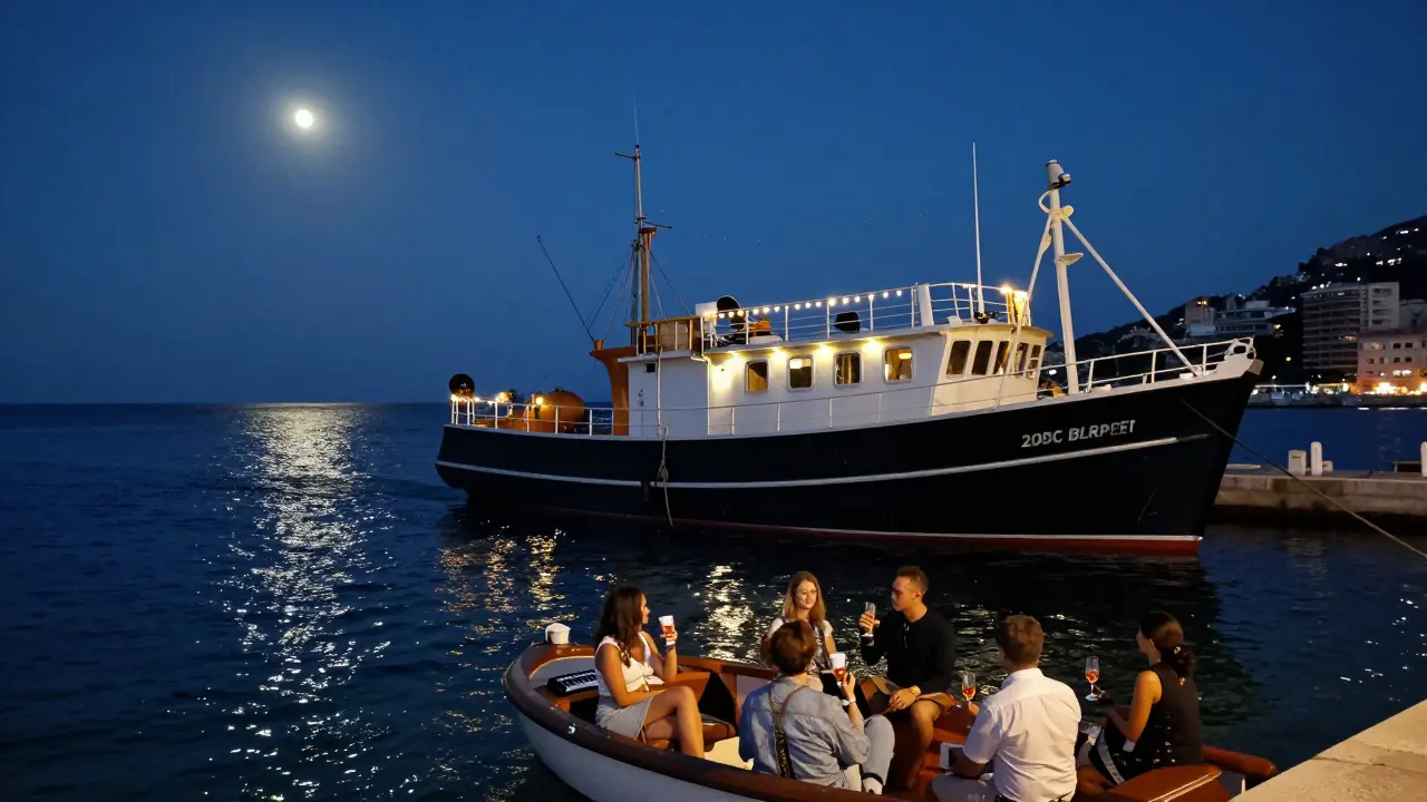 A black fishing boat at night with string lights, guests sipping rosé by the sea, no signs, just moonlight and waves.
