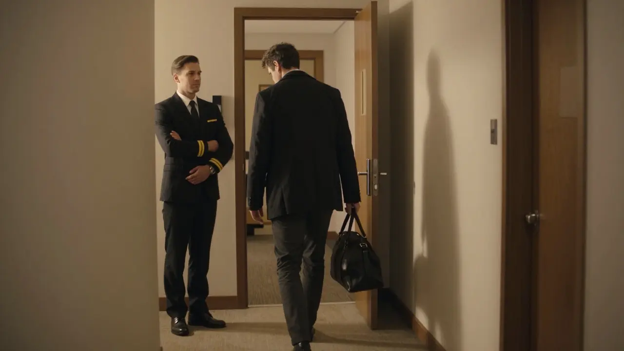 A client leaves a hotel room, turning to thank the escort with a respectful nod as the door closes behind him.