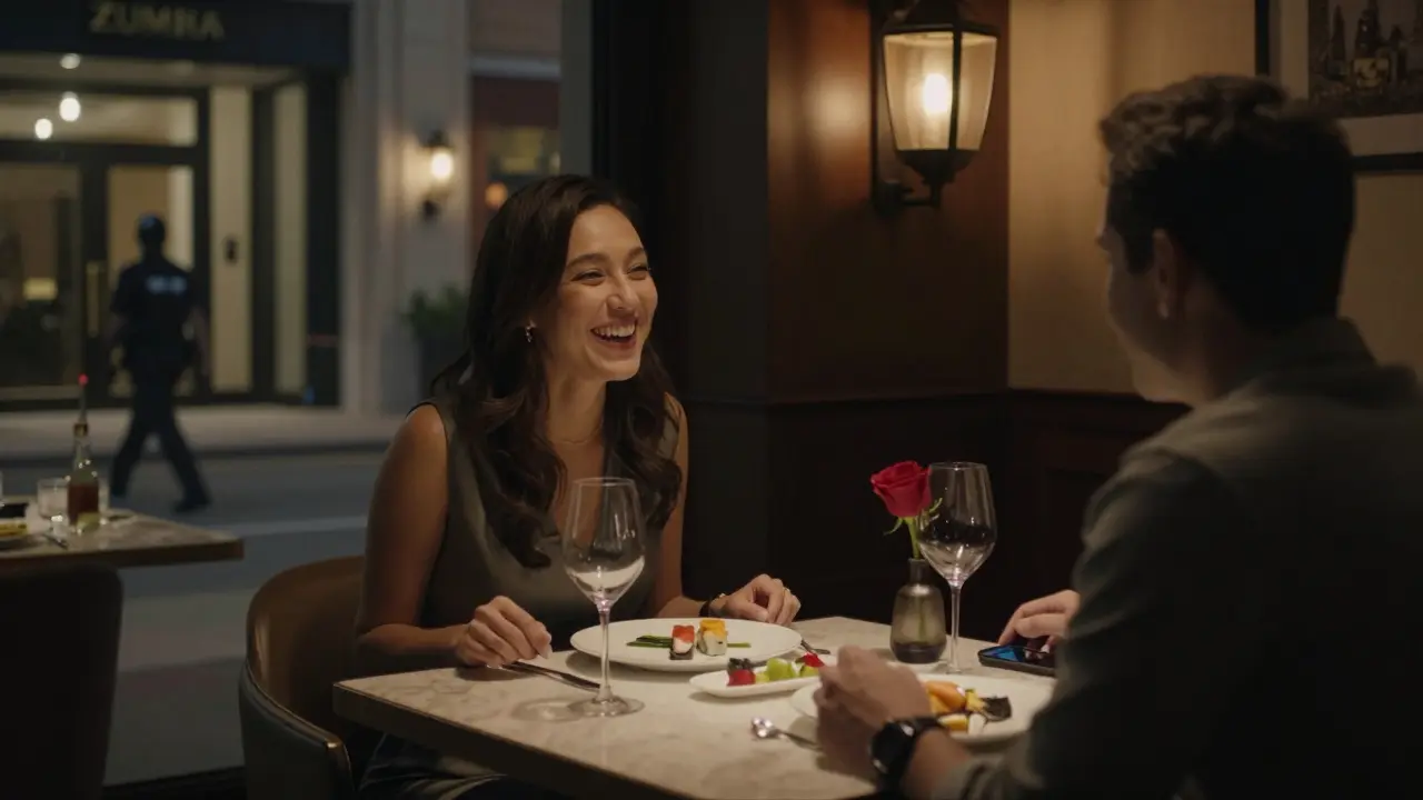 A couple enjoying an elegant dinner at a high-end Abu Dhabi restaurant, no physical intimacy shown.