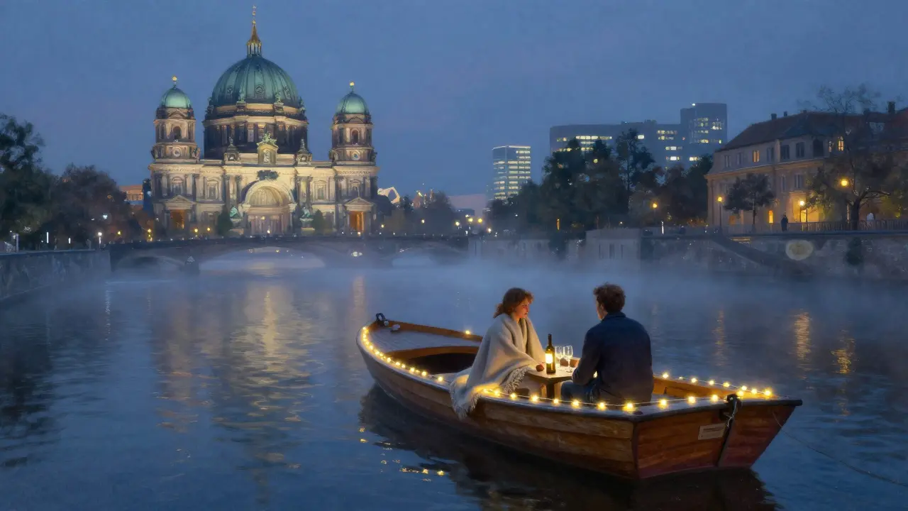 A couple floats on a quiet river at night in Berlin, city lights reflecting on water under starry skies.
