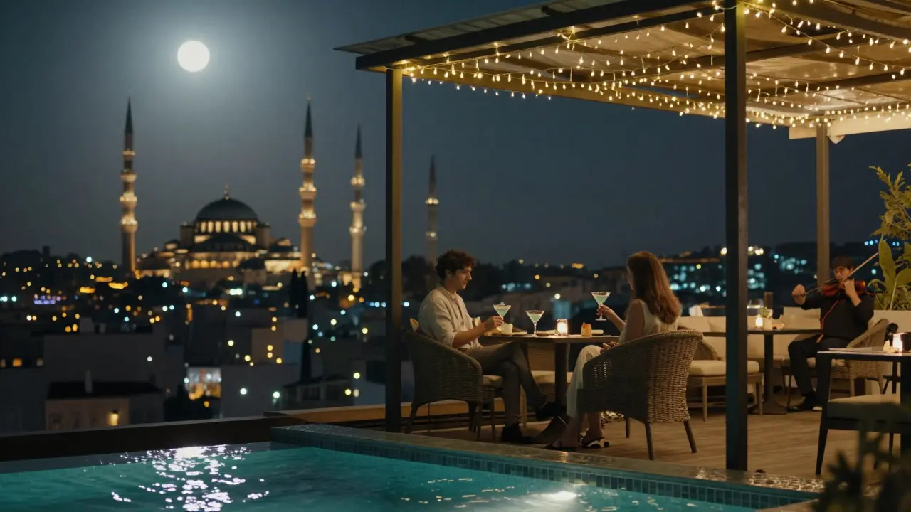 A couple in a rooftop cabana sips martinis as a violinist plays softly, with the mosque lit up in the distance.