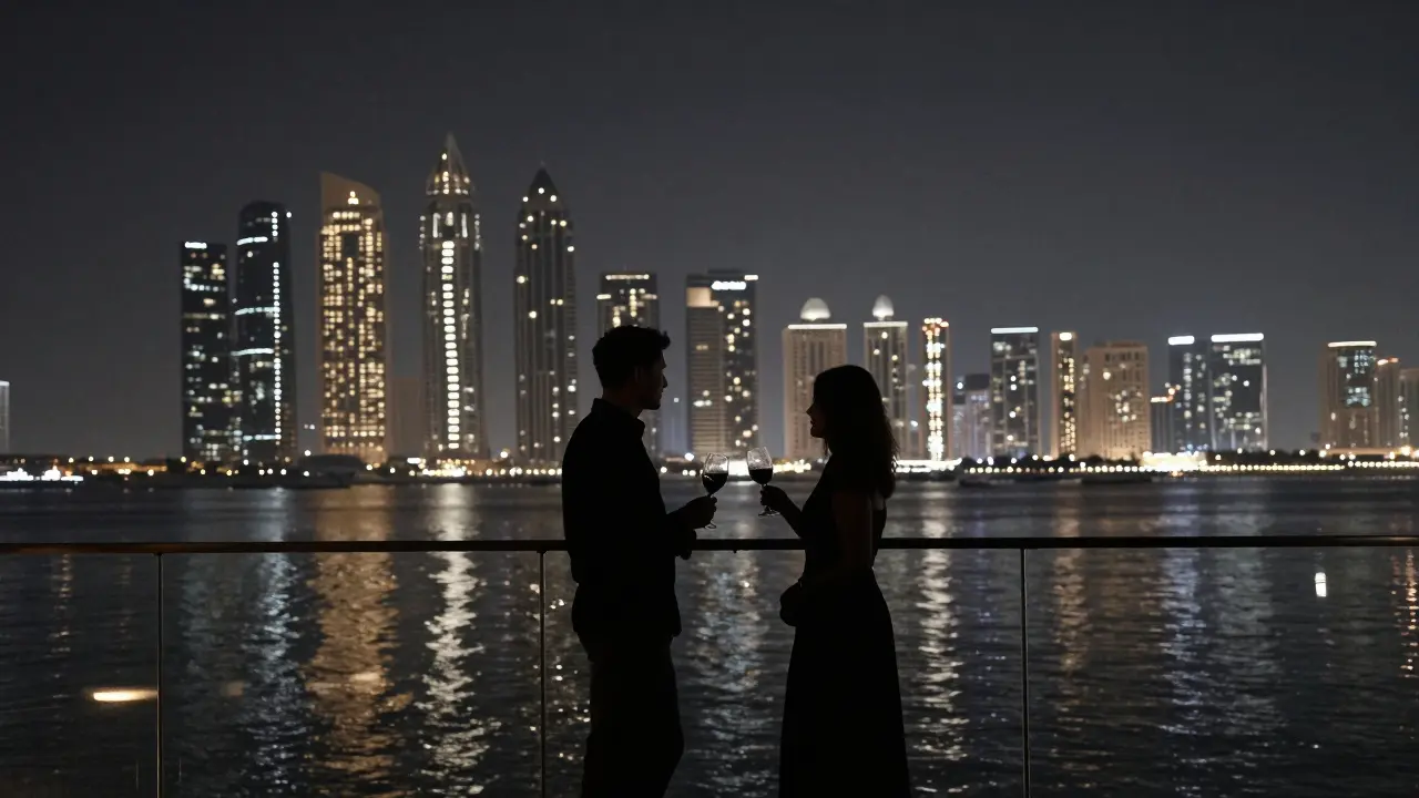 A couple silhouetted at a sky bar railing, overlooking the glowing city and water at midnight.