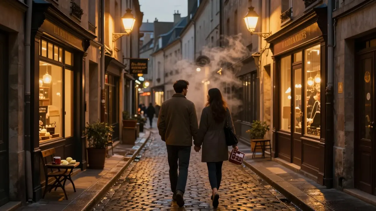 A couple walks hand-in-hand along a cozy cobblestone street in Montmartre, lit by warm shop lights at twilight.