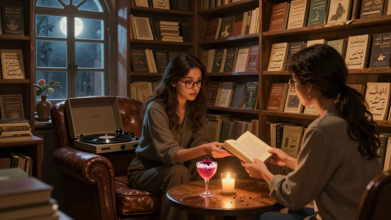 A cozy hidden bar inside a bookstore, lit by candlelight, with books and vinyl records, a woman handing a book to a guest.