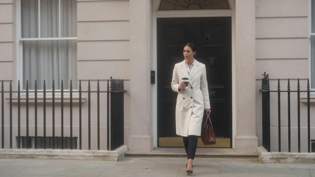 A discreetly dressed individual walking away from a luxury London townhouse at dawn, blending into the quiet street.