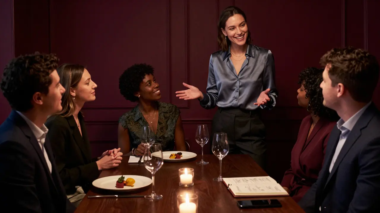 A diverse group enjoying a refined dinner at a London restaurant, with a professional companion engaging naturally in conversation.