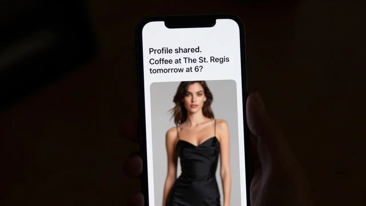 A hand holding a smartphone displaying a private message with a blurred profile photo.