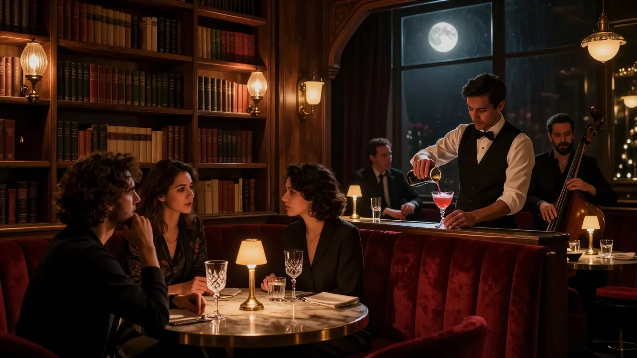 A hidden speakeasy with jazz musicians playing softly in dim, intimate lighting behind a bookshelf.