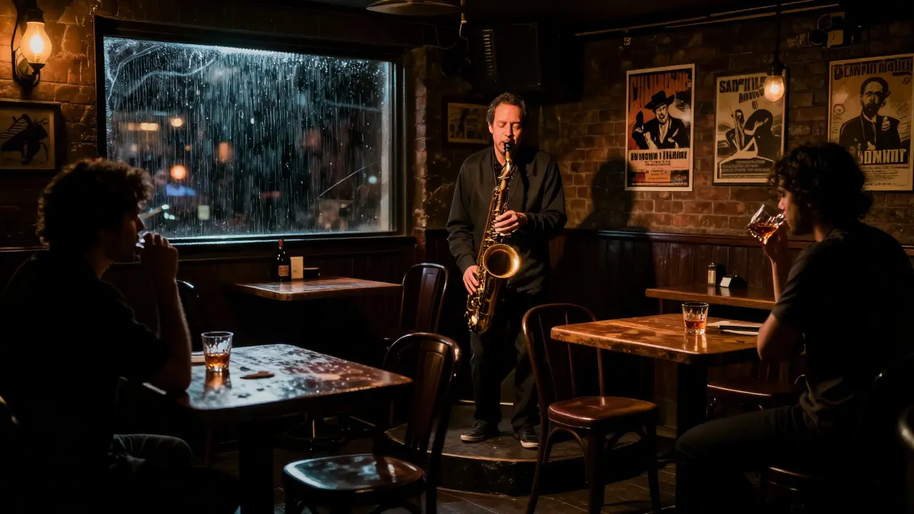 A jazz musician plays saxophone in a dim 3 a.m. club, one patron drinks whiskey in quiet contemplation.