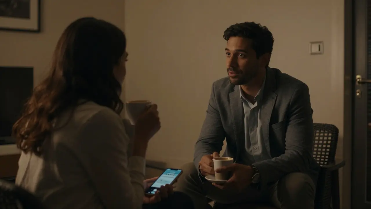 A male companion and female client sharing coffee in a private apartment at night.
