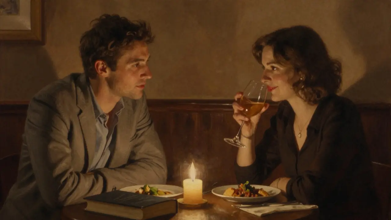A man and woman having a quiet dinner in Chelsea, softly lit by candlelight, sharing a moment of attentive silence.