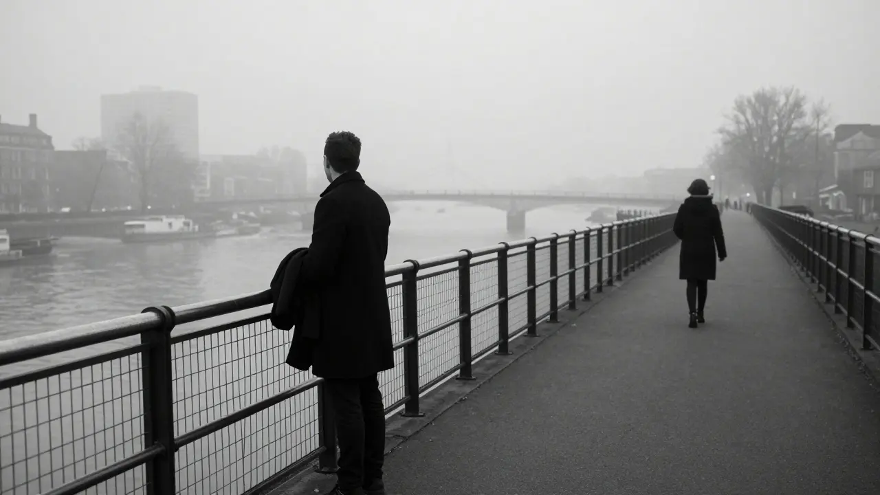 A man standing alone on a foggy London bridge at dawn, watching a figure walk away into the mist.