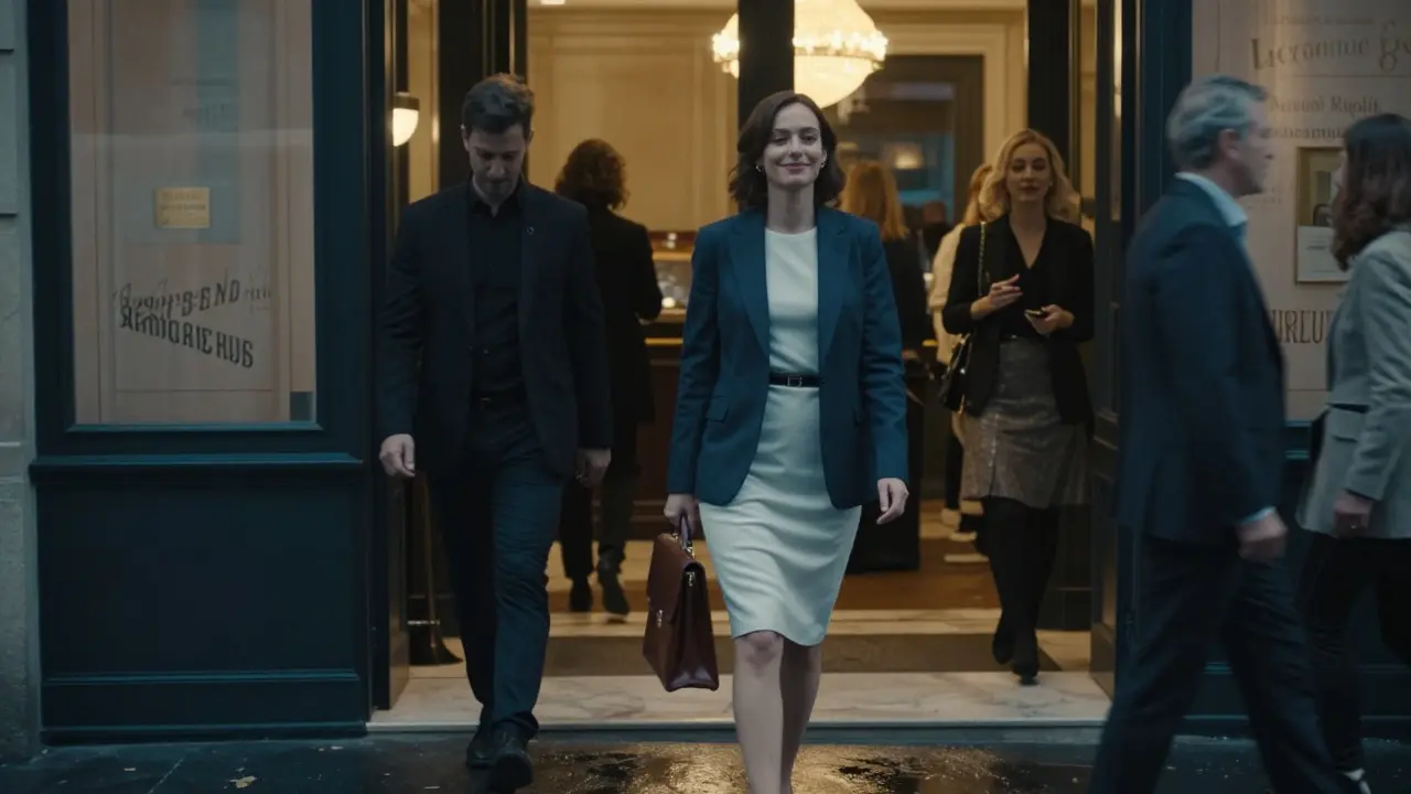 A modern woman entering a luxury Paris hotel, blending professional and personal anonymity.