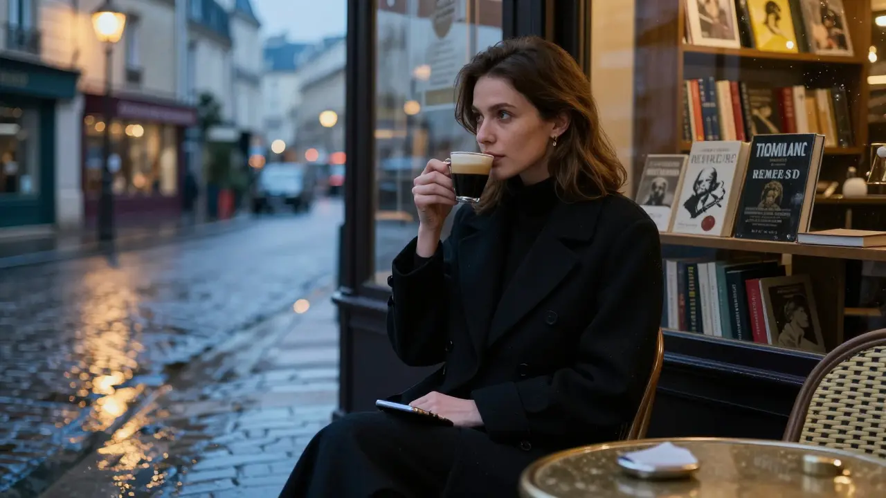 A modern woman in Paris sits alone at a café at dusk, quietly observing the street, her expression thoughtful and composed.