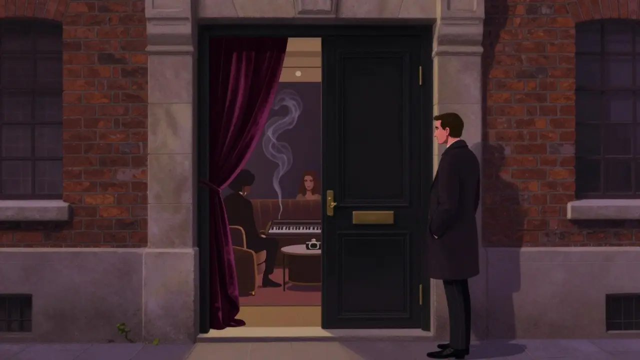 A mysterious unmarked door to Le Baron nightclub, bouncer checking a guest in the shadows.