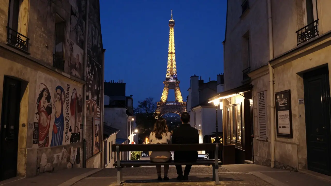 A pair stands on a quiet bench in Montmartre at night, overlooking the softly glowing city below.